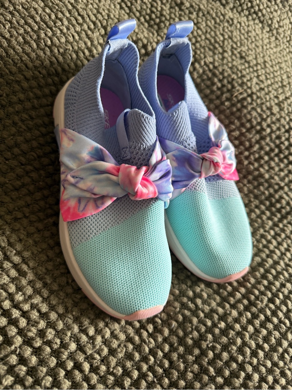 Skechers Girls Mint & Lavender Knit Slip-On Sneakers with Tie Bow